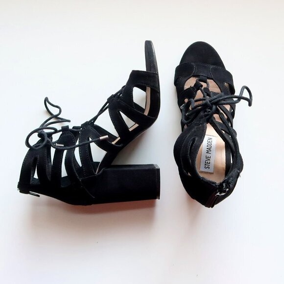 Steve Madden Black Suede Open Toe Lace Up Cut Out Block Heel Bootie Shoes Size 7 - Picture 10 of 14